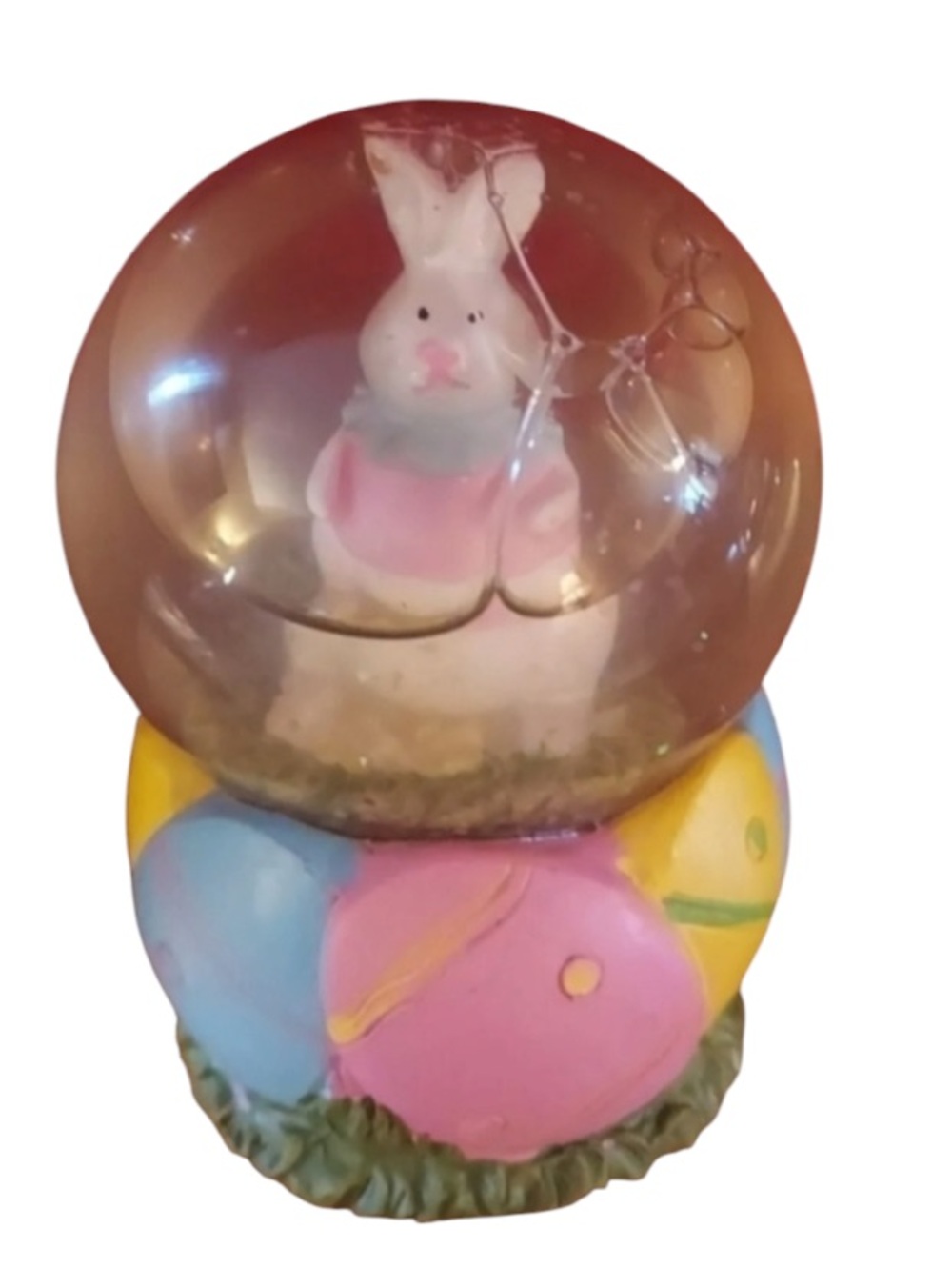 VINTAGE Bunny Rabbit Easter Snow Globe Resin Egg With Tulip Flowers Carrots